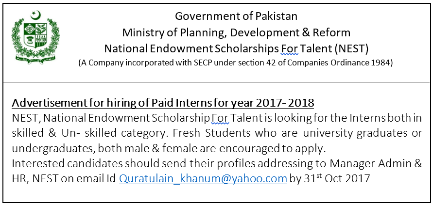Advertisement for hiring of Paid Interns for the year 2017-2018