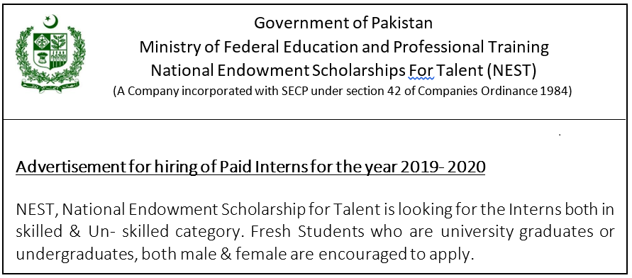 Advertisement for hiring of Paid Interns for the year 2019-2020