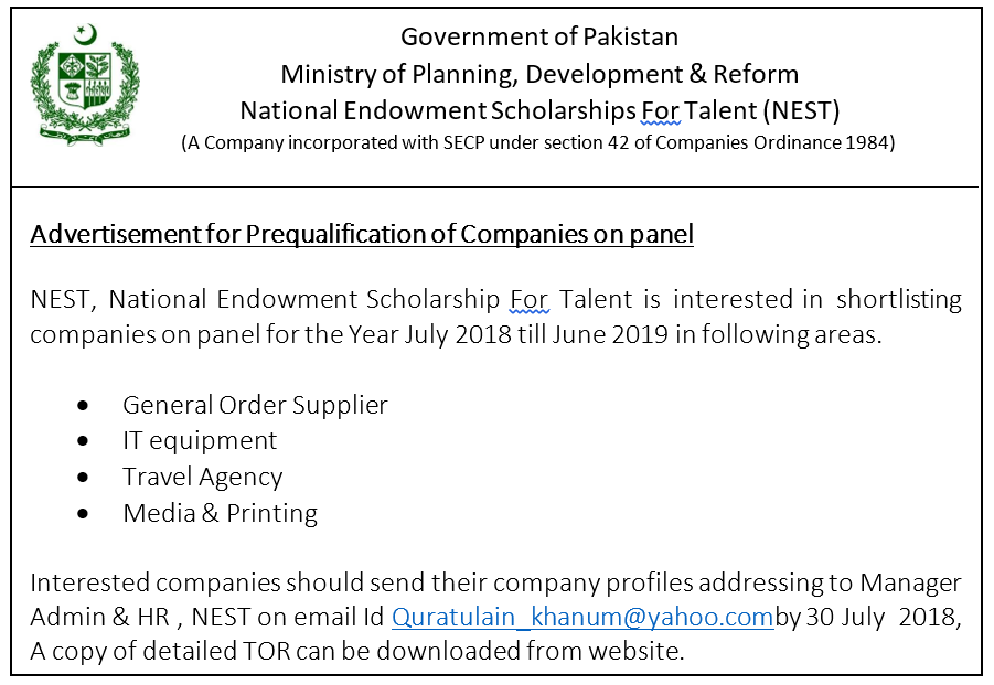 Advertisement for Prequalification of Companies on Panel 2018-19