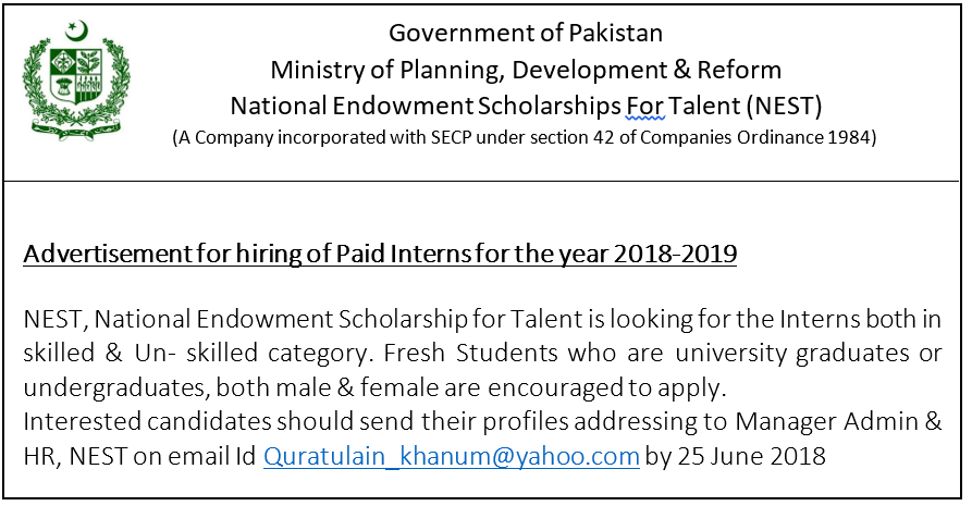 Advertisement for hiring of Paid Interns for the year 2018-2019