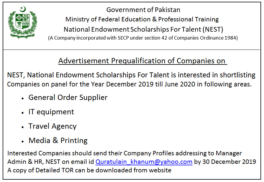 Advertisement for Prequalification of Companies on Panel 2019-20