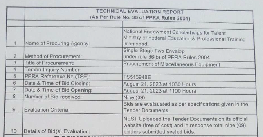 Technical Evaluation Report – Procurement of Miscellaneous Equipment – TSE: 516948E